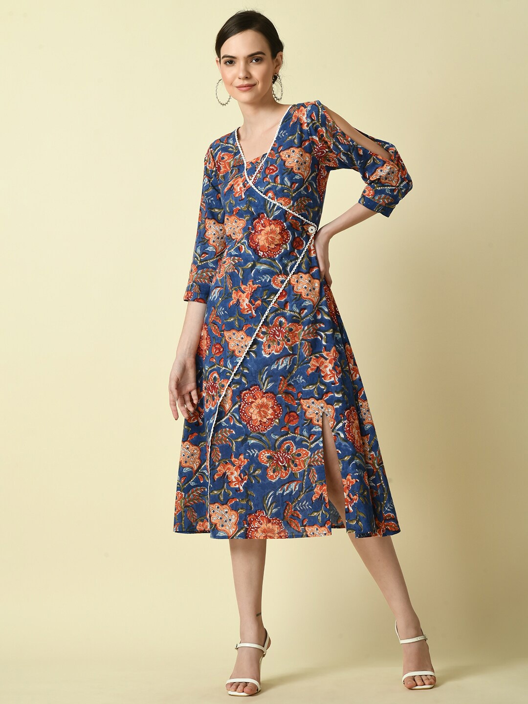 

Myshka Floral Print A-Line Cotton Midi Dress, Blue