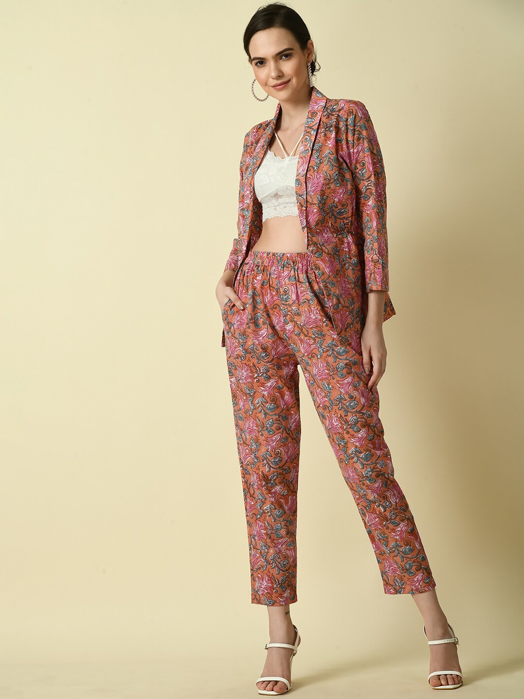 

Myshka Printed Pure Cotton Coat With Trousers, Orange