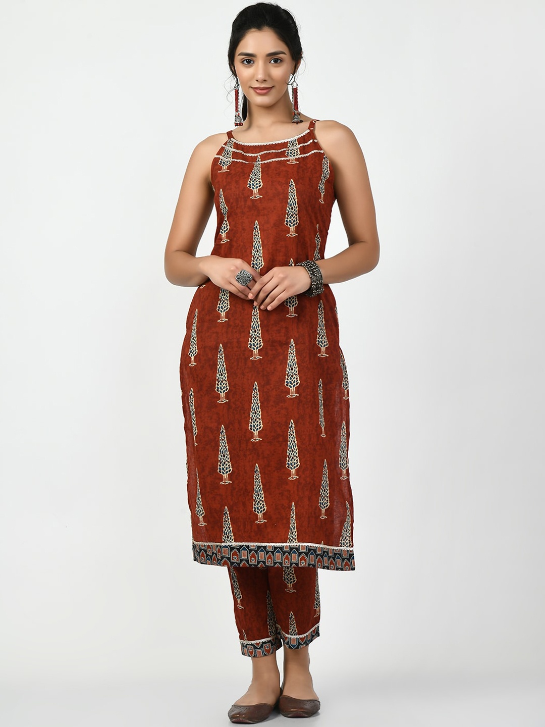 

Myshka Floral Printed Regular Pure Cotton Kurta with Trousers, Rust