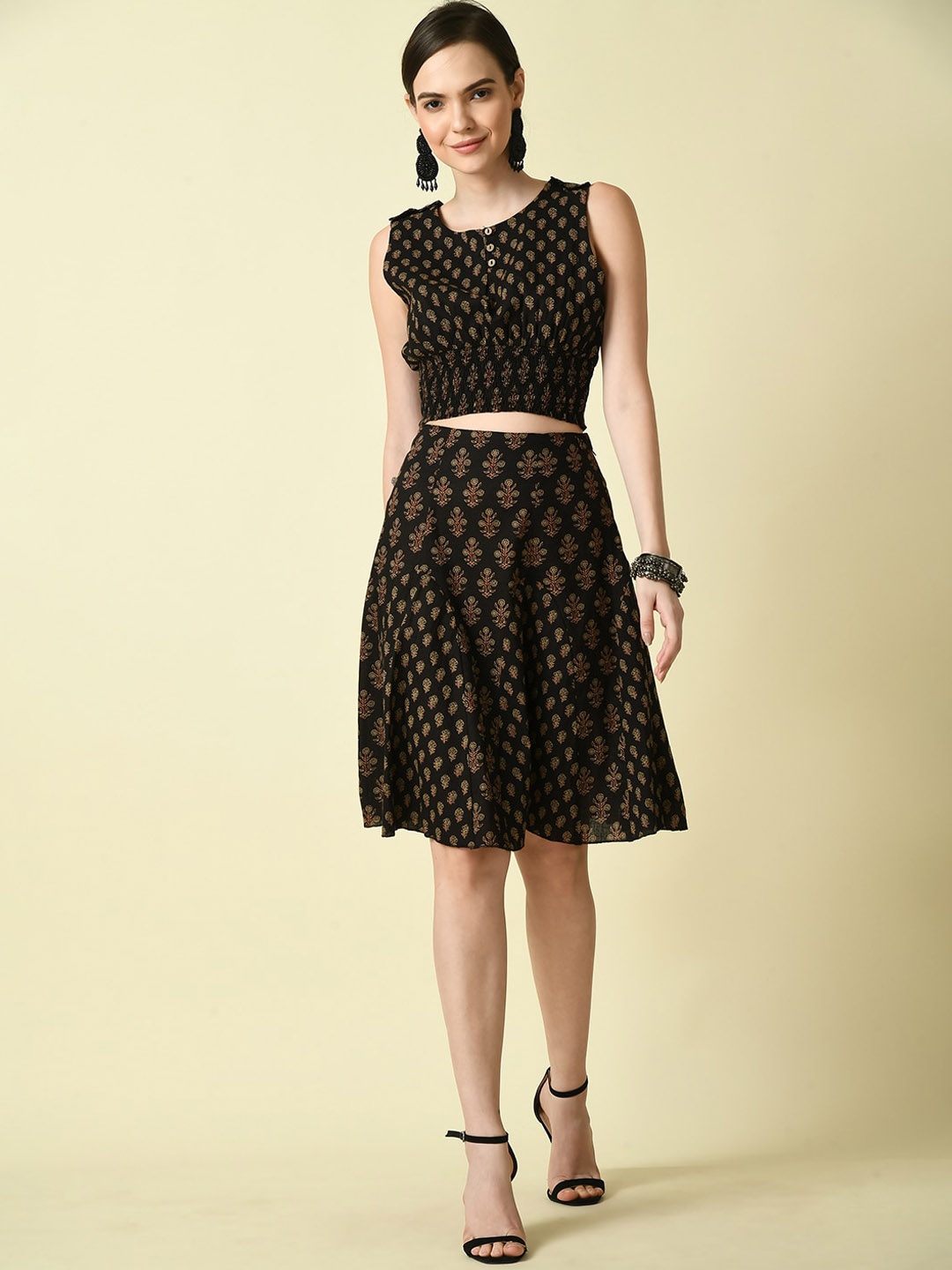 

Myshka Printed Pure Cotton Top & Skirt, Black