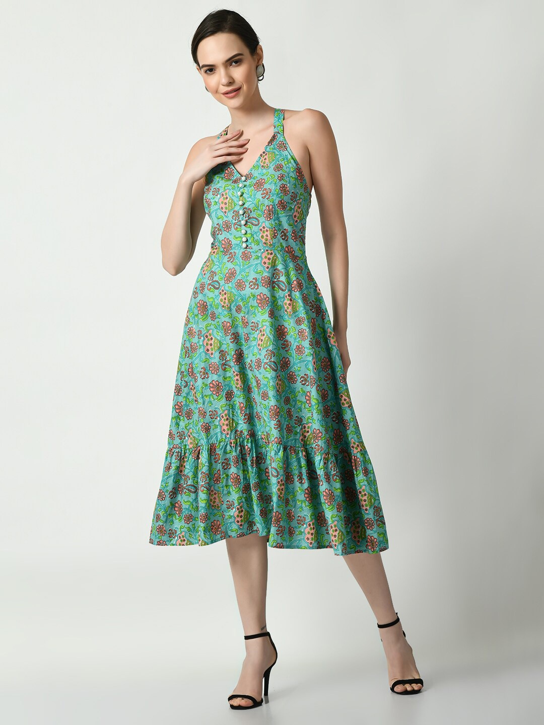 

Myshka Floral Printed Cotton A-Line Dress, Sea green