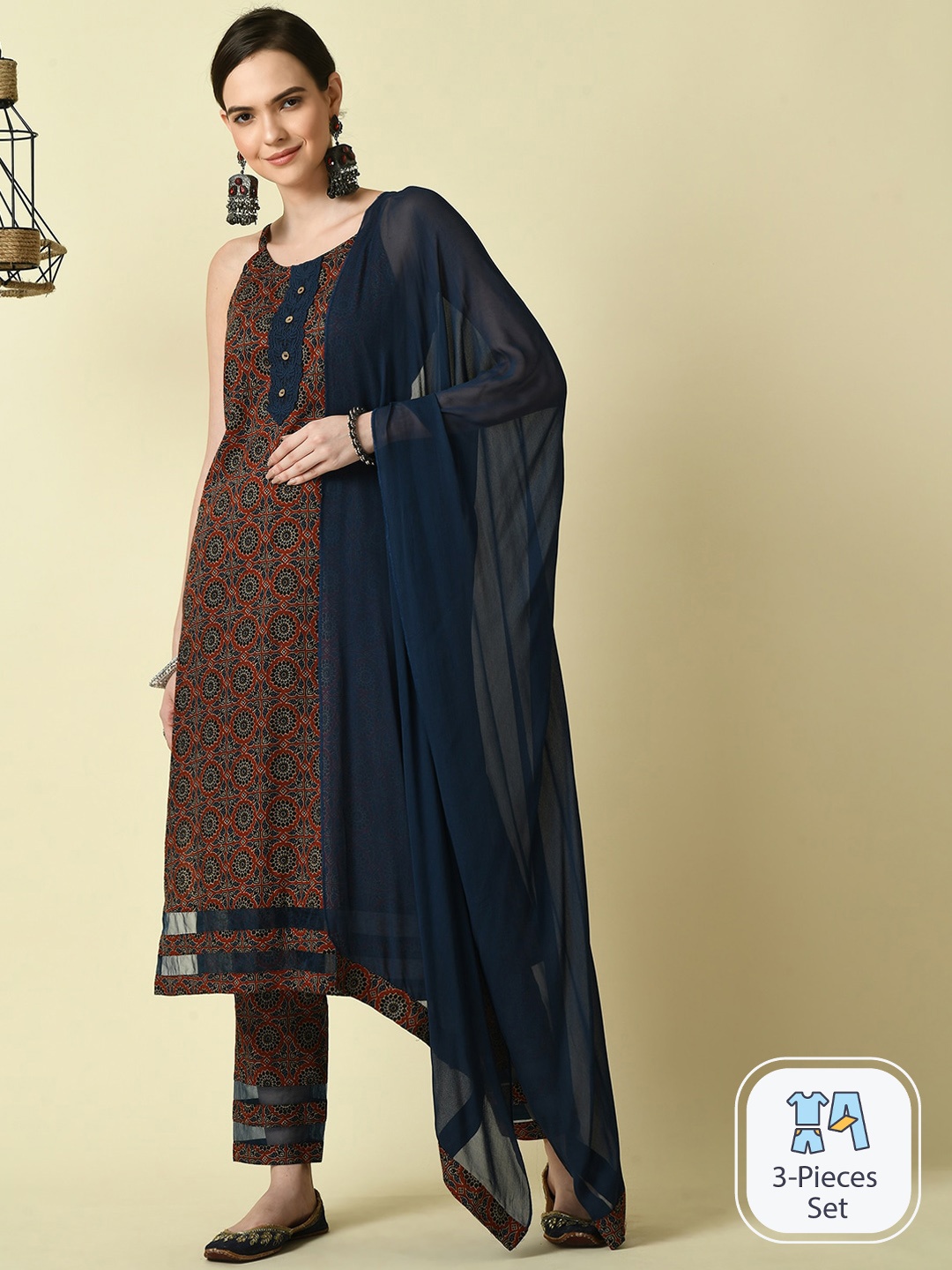 

Myshka Ethnic Motifs Printed Pure Cotton Kurta With Trousers & Dupatta, Maroon