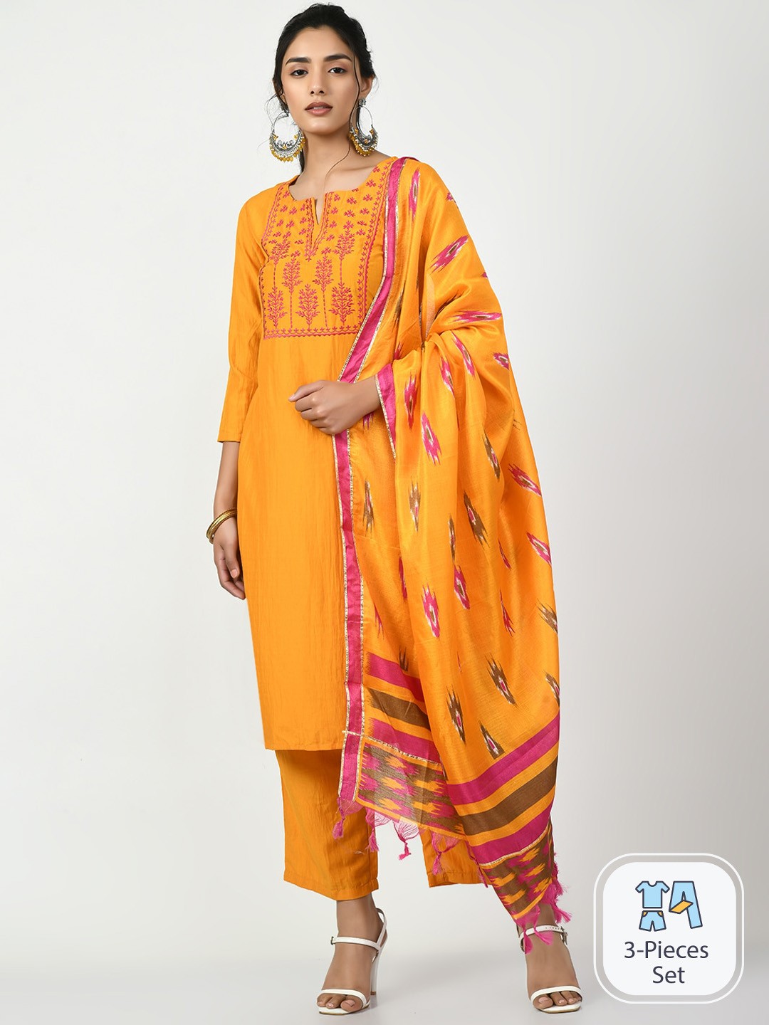 

Myshka Floral Yoke Design Regular Thread Work Cotton Kurta Set With Dupatta, Yellow