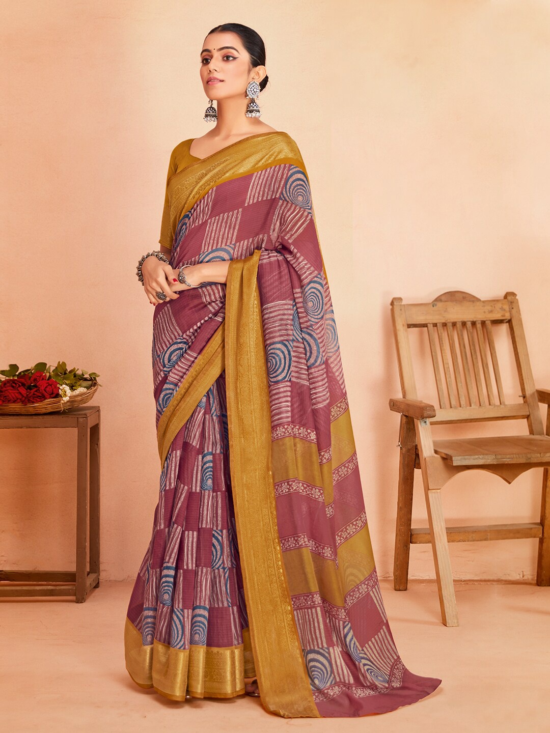 

Sangria Abstract Printed Zari Saree, Mauve