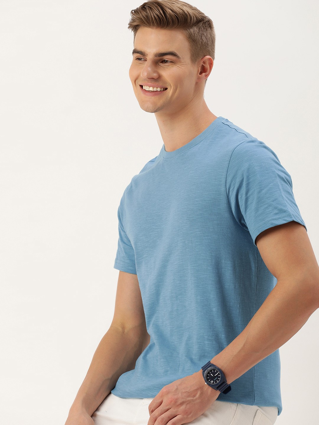 

Mast & Harbour Men Solid Pure Cotton Bio Finish T-shirt, Blue
