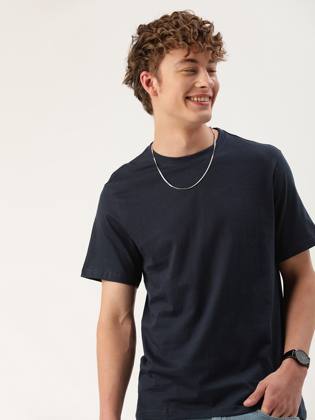 

Mast & Harbour Men Pure Cotton Bio Finish T-shirt, Navy blue