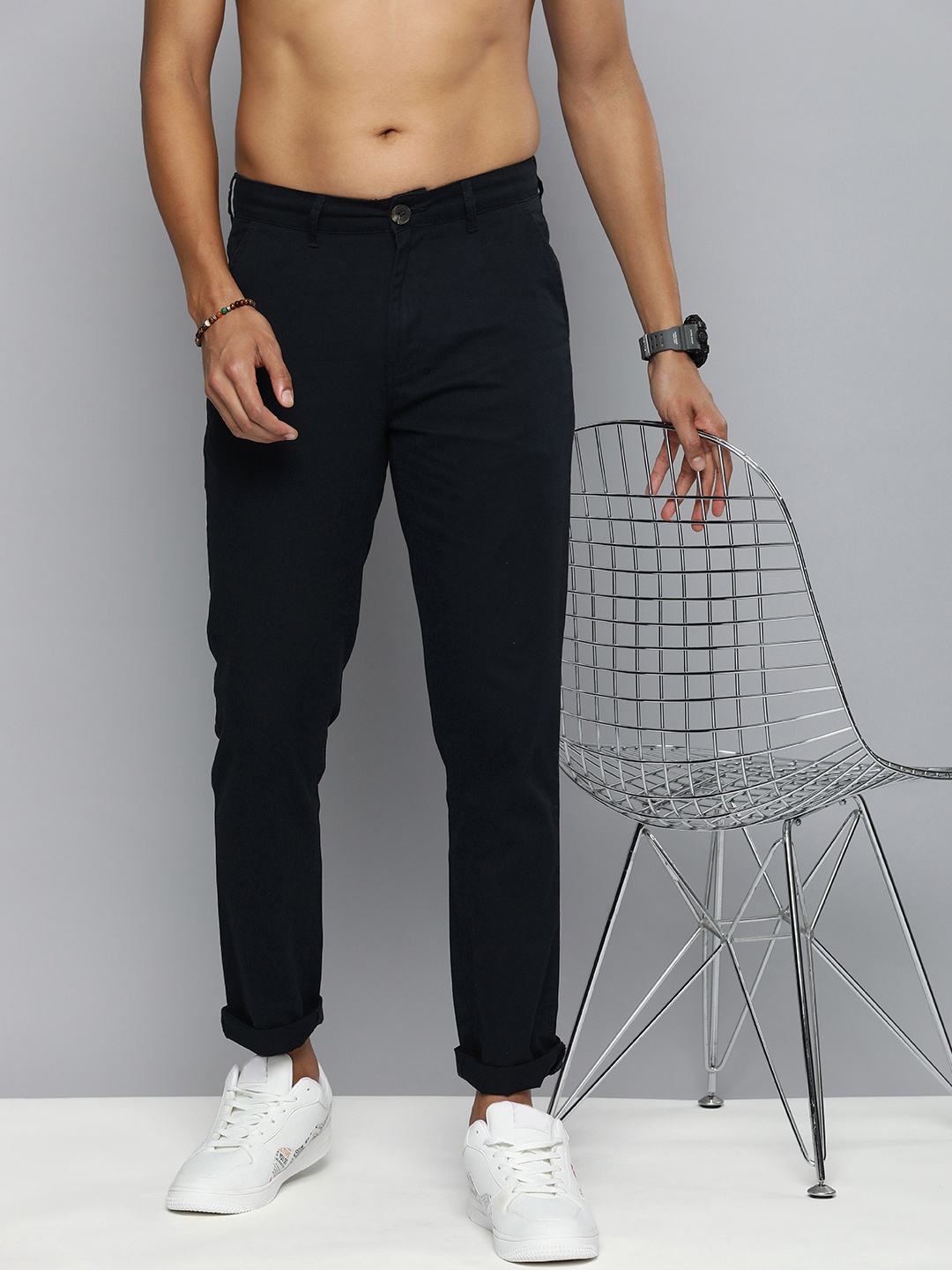 

R.Code by The Roadster Life Co. Men Solid Pure Cotton Chinos Trousers, Black