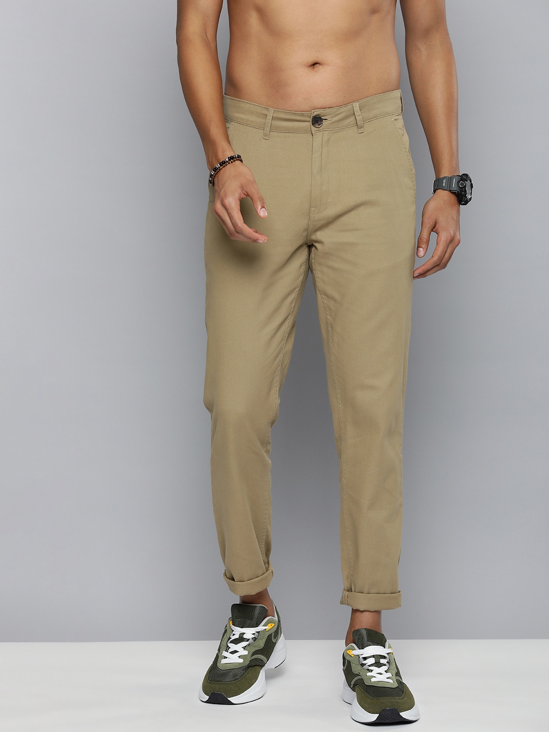 

R.Code by The Roadster Life Co. Men Pure Cotton Chinos Trousers, Khaki