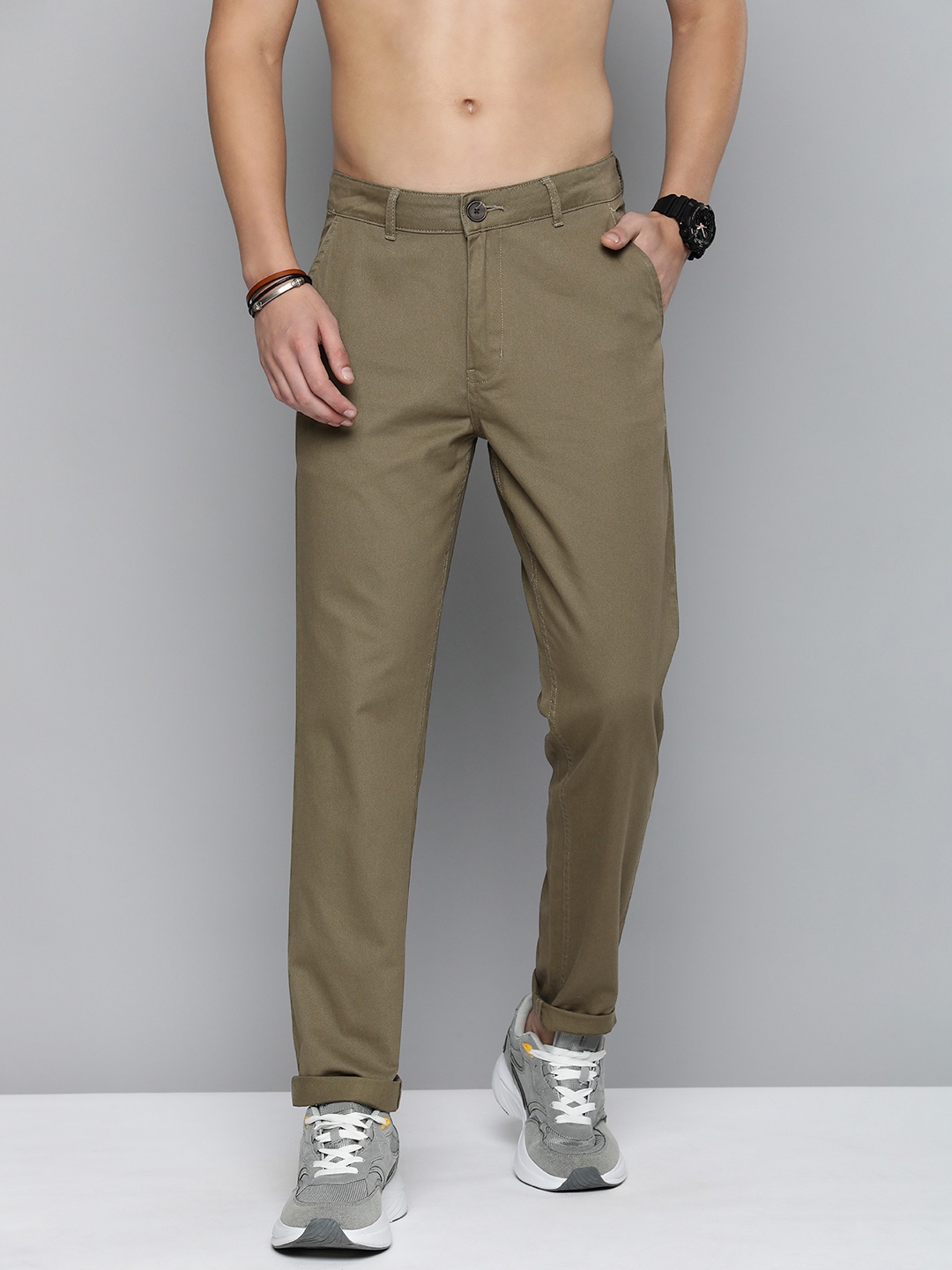 

R.Code by The Roadster Life Co. Men Regular Fit Pure Cotton Chinos Trousers, Olive