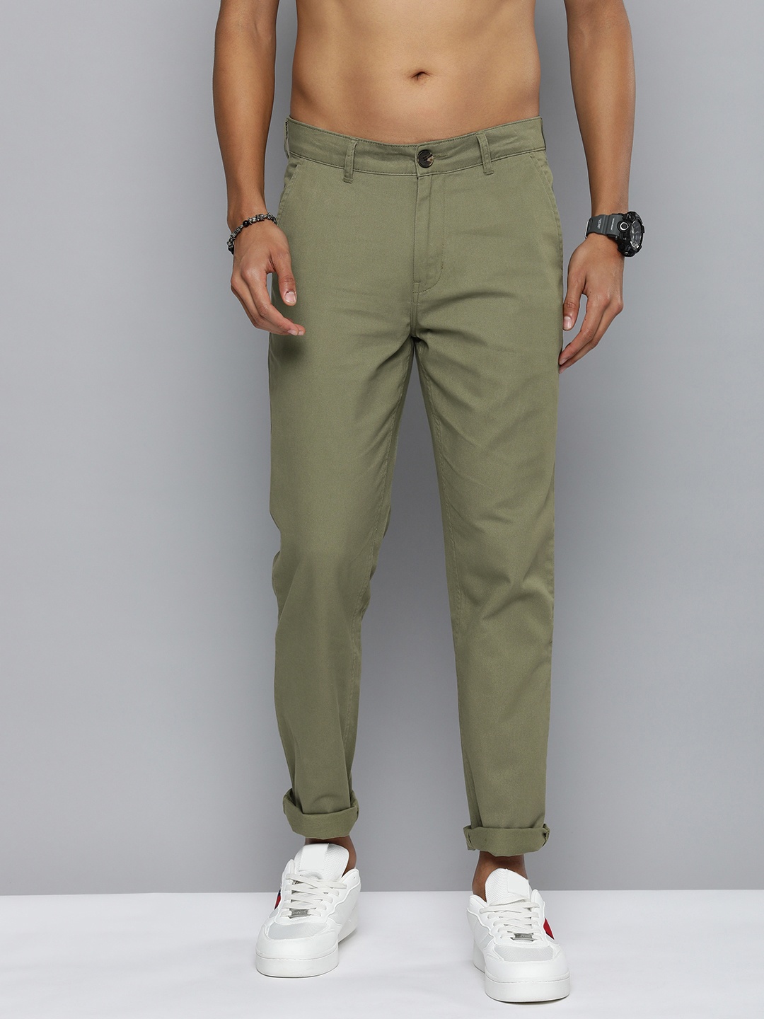 

R.Code by The Roadster Life Co. Men Mid-Rise Pure Cotton Chinos, Olive