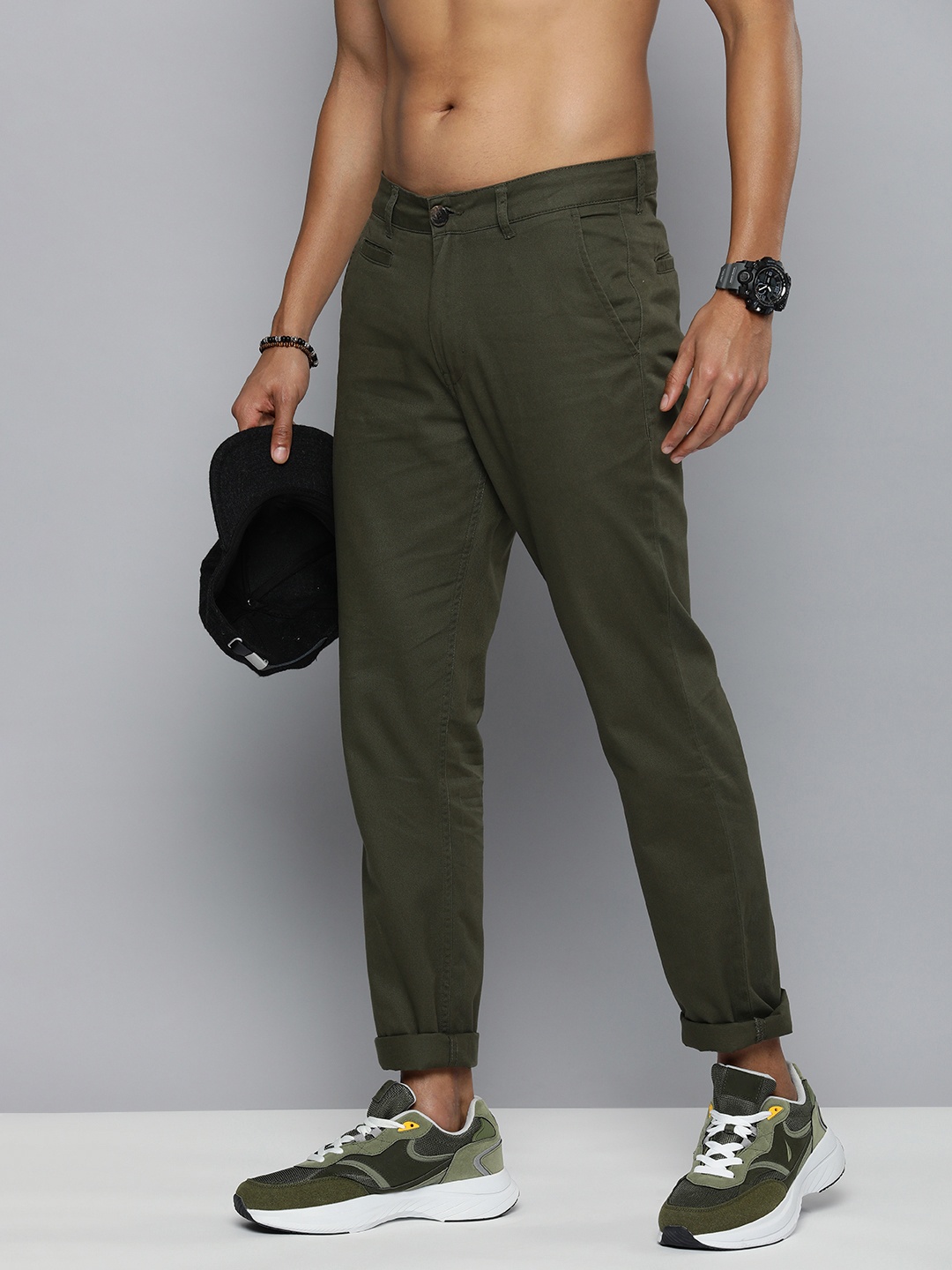 

R.Code by The Roadster Life Co. Men Pure Cotton Chinos Trousers, Olive