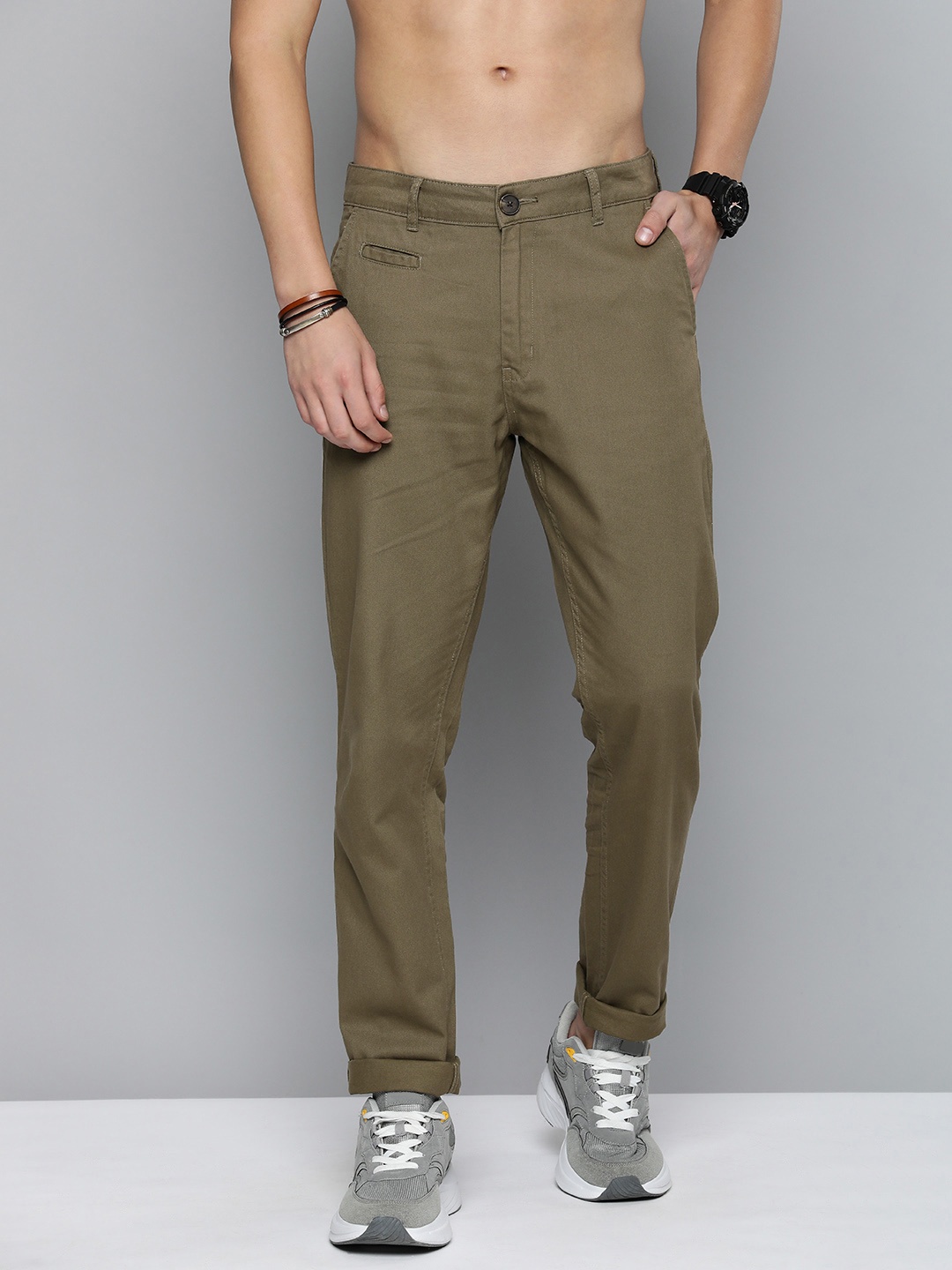 

R.Code by The Roadster Life Co. Men Regular Fit Pure Cotton Chinos Trousers, Olive