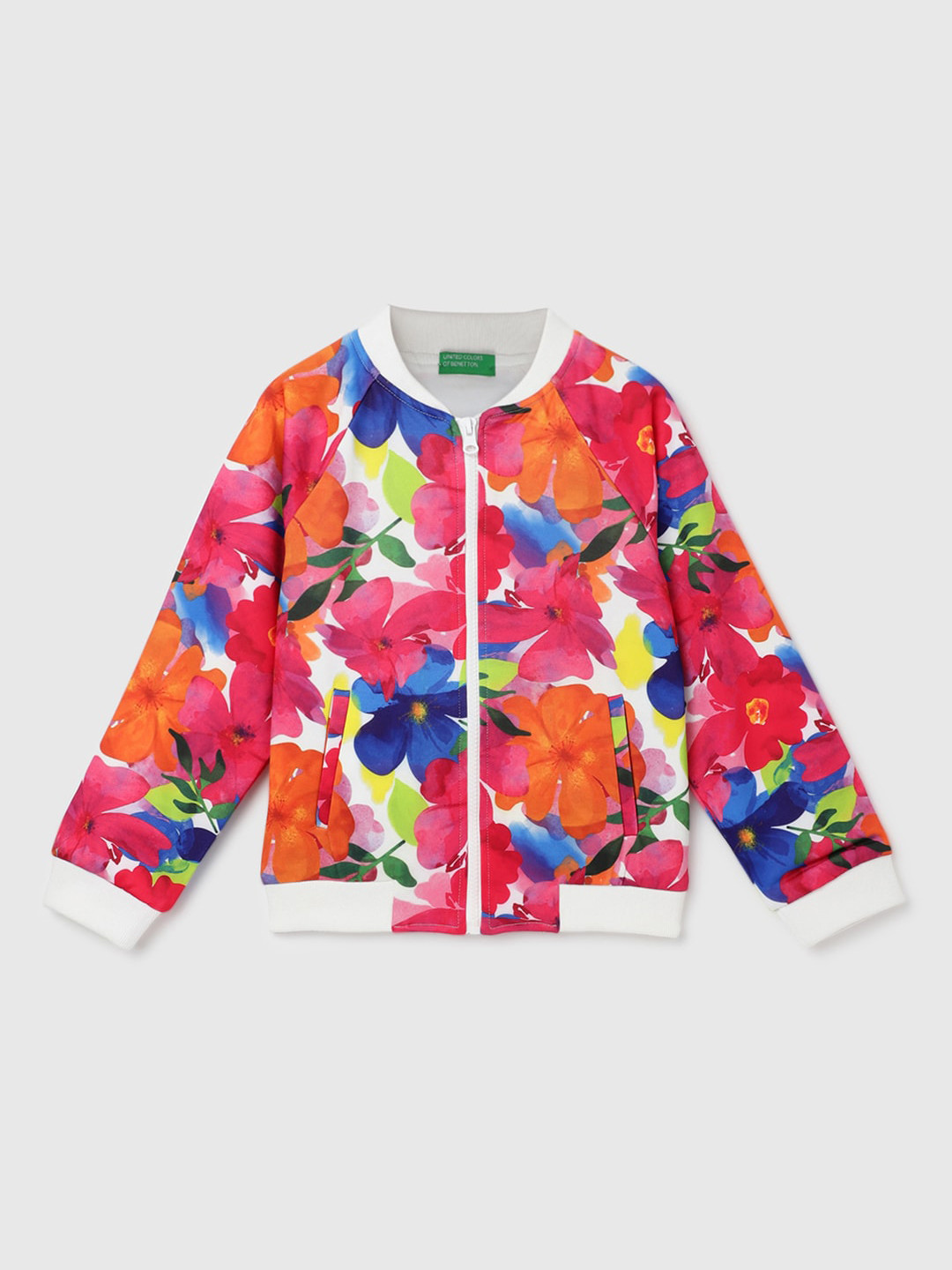 

United Colors of Benetton Girls Floral Printed Raglan Sleeves Bomber Jacket, Red