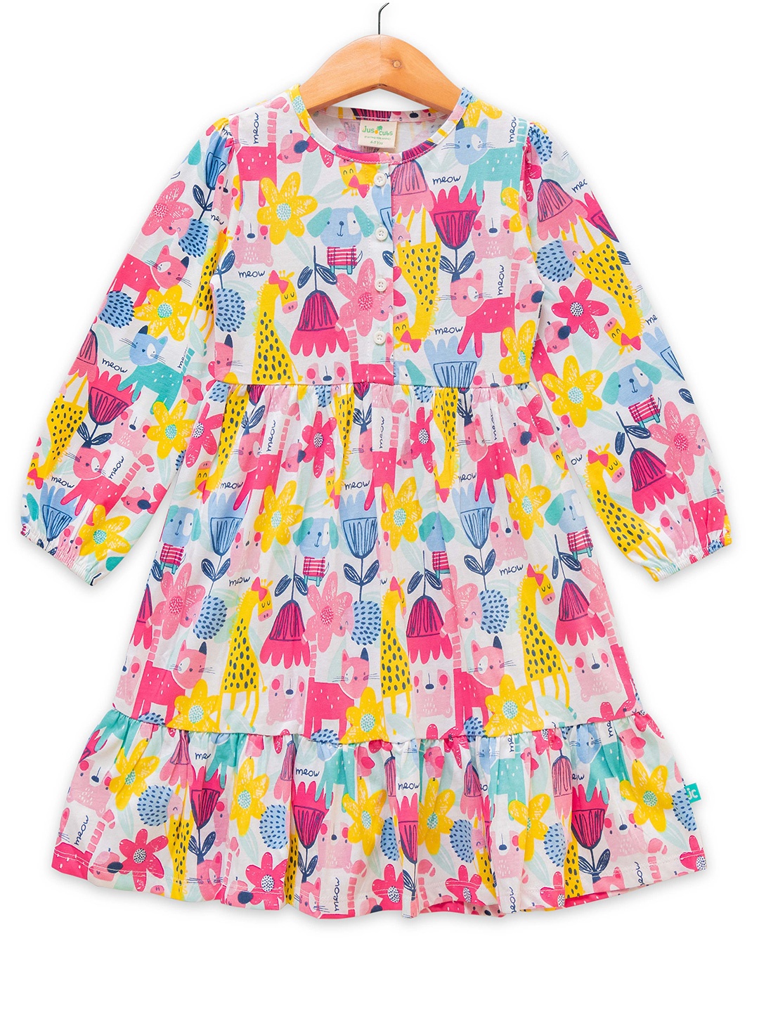

JusCubs Girls Conversational Printed Gathered Or Pleated Cotton A-Line Dress, White