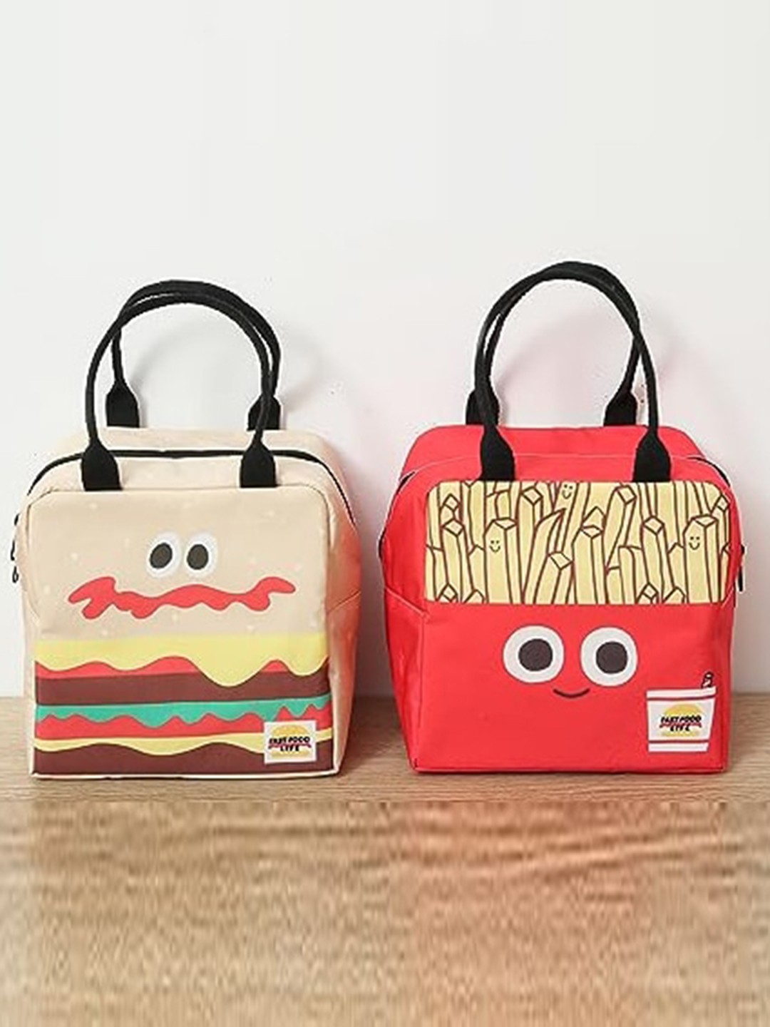 

HOUSE OF QUIRK Unisex Set Of 2 Printed Reusable Cotton Linen Tote Lunch Bag, Red