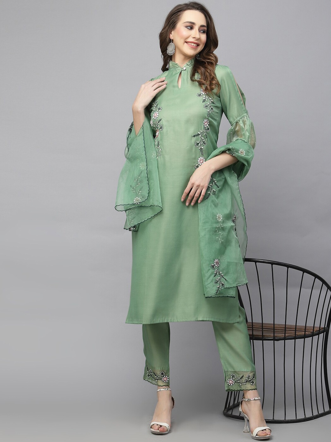 

KALINI Floral Embroidered Thread Work Kurta With Trousers & Dupatta, Green