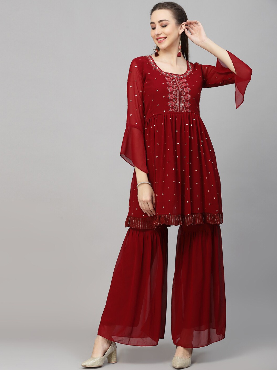 

KALINI Ethnic Motifs Embroidered Regular Sequinned Kurta with Sharara & With Dupatta, Maroon