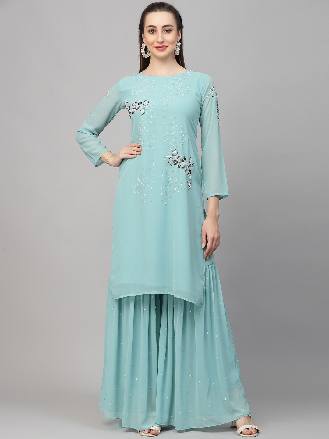 

KALINI Floral Embroidered Regular Beads and Stones Kurta With Palazzos, Blue
