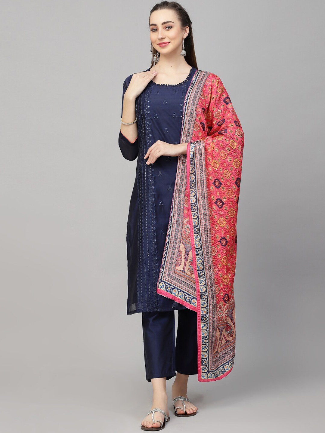 

KALINI Floral Embroidered Regular Thread Work Chanderi Silk Kurta with Trousers & With, Navy blue