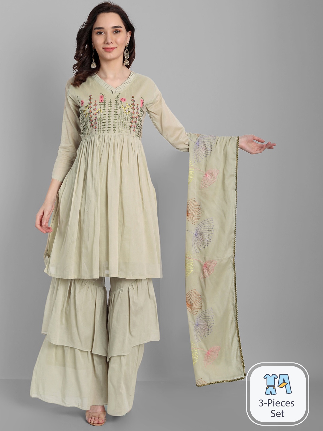 

KALINI Floral Embroidered Thread Work Pure Cotton A-Line Kurta & Sharara With Dupatta, Grey