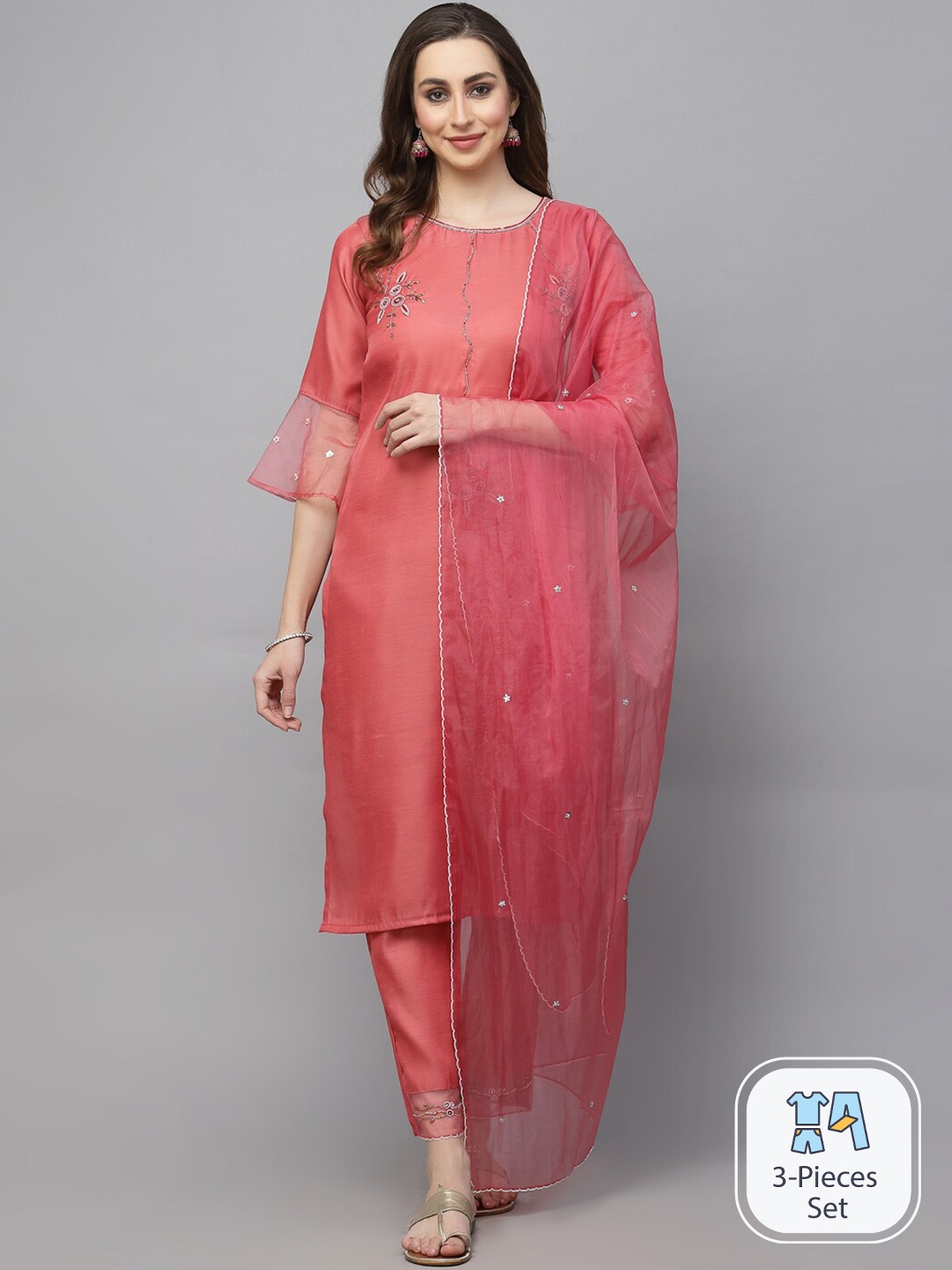 

KALINI Floral Embroidered Beads and Stones Kurta With Trousers & Dupatta, Peach