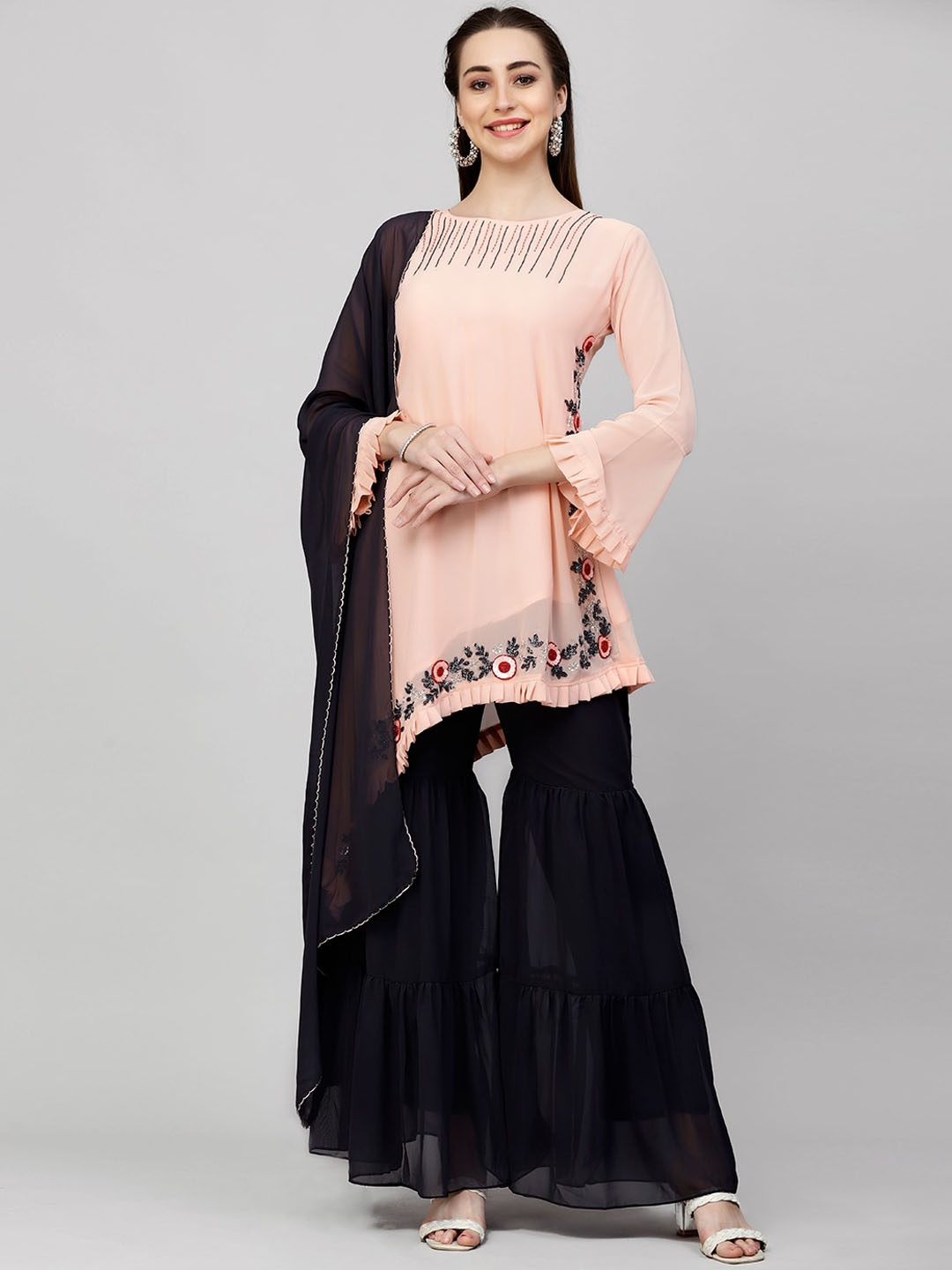 

KALINI Floral Embroidered Kurta With Sharara & Dupatta, Peach