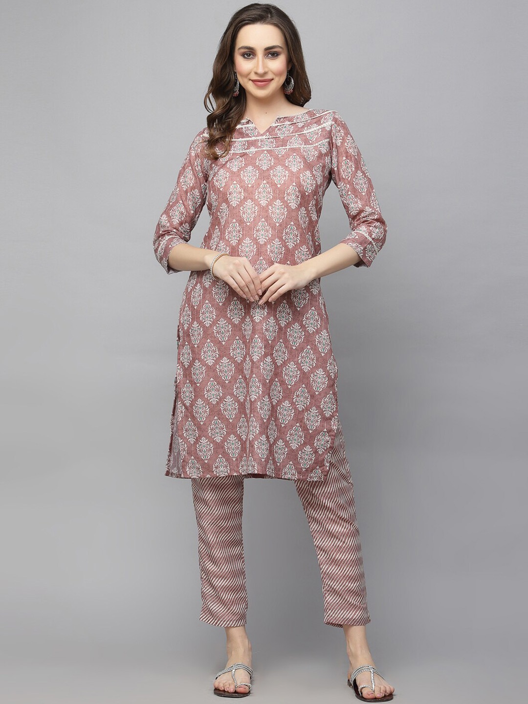 

KALINI Ethnic Motifs Printed Regular Kurta With Trousers, Brown
