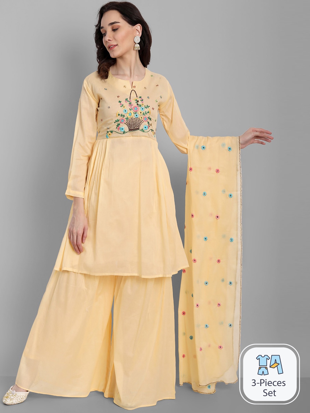 

KALINI Floral Embroidered Thread Work Pure Cotton Kurta With Sharara & Dupatta, Yellow