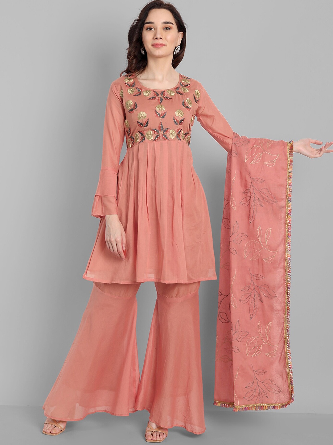 

KALINI Floral Embroidered Thread Work Pure Cotton Kurta With Sharara & Dupatta, Peach