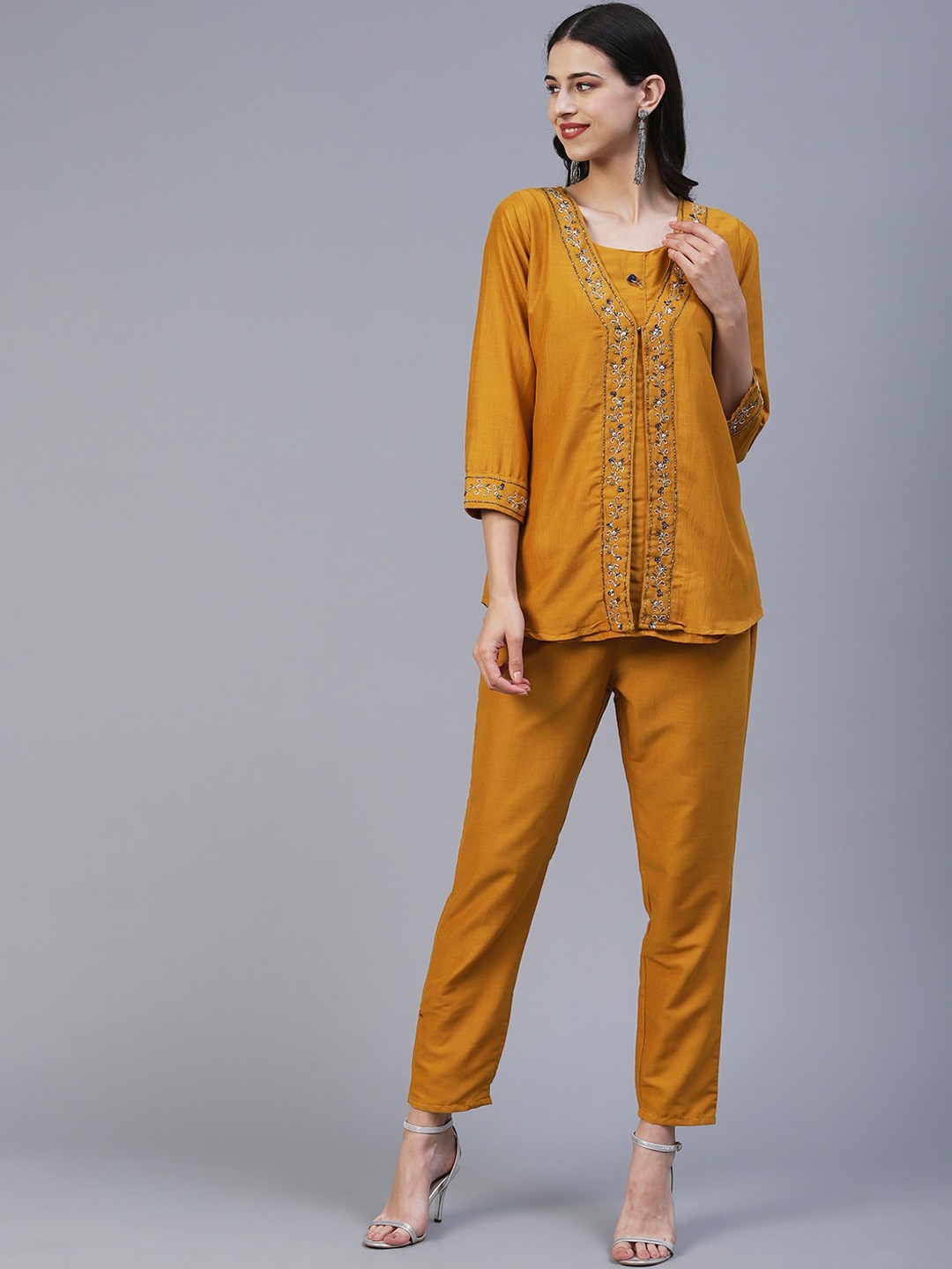 

KALINI Embroidered Ethnic Top With Trousers, Mustard