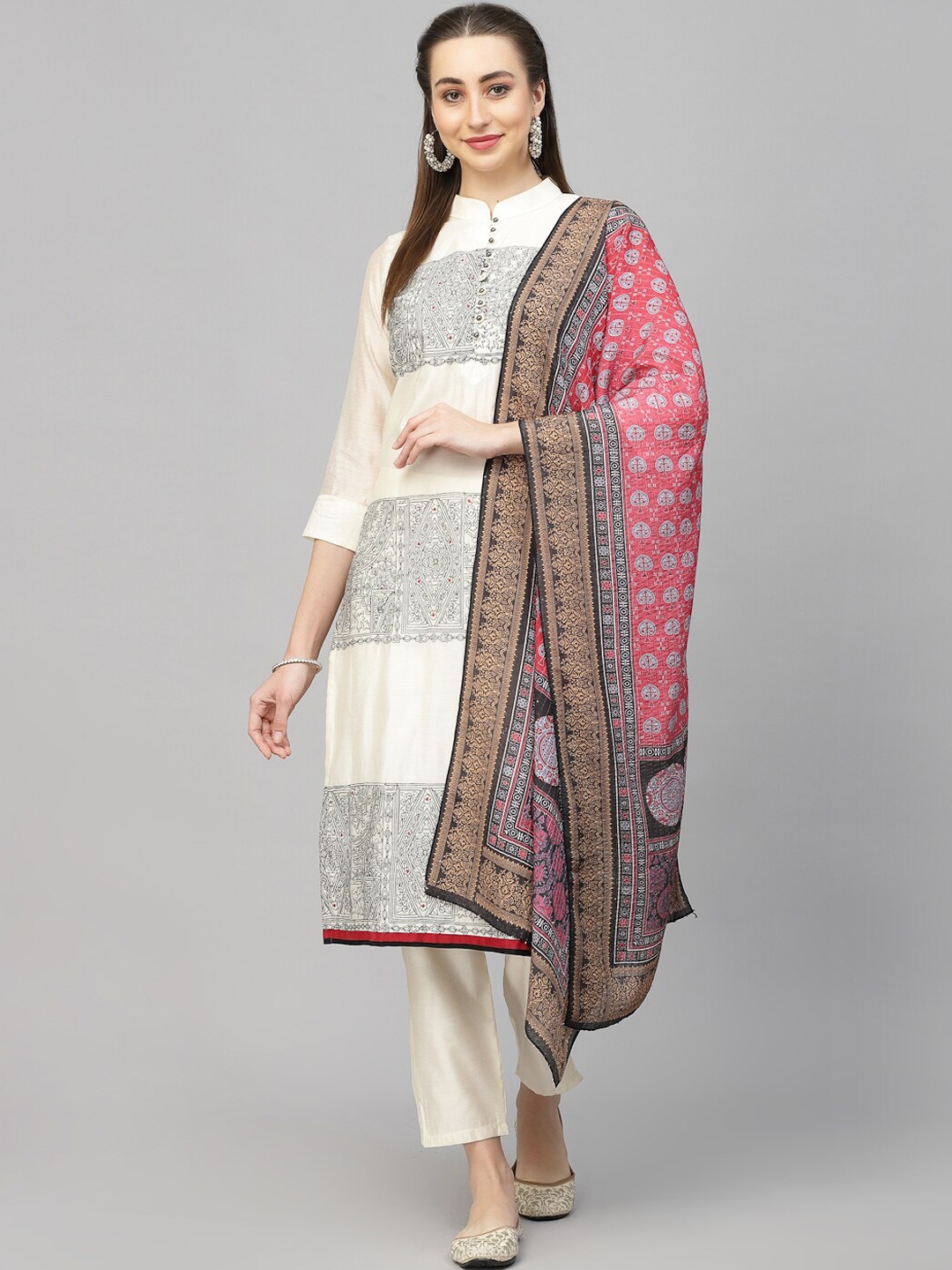 

KALINI Ethnic Motifs Embroidered Mirror Work Chanderi Silk Kurta With Trousers & Dupatta, Off white