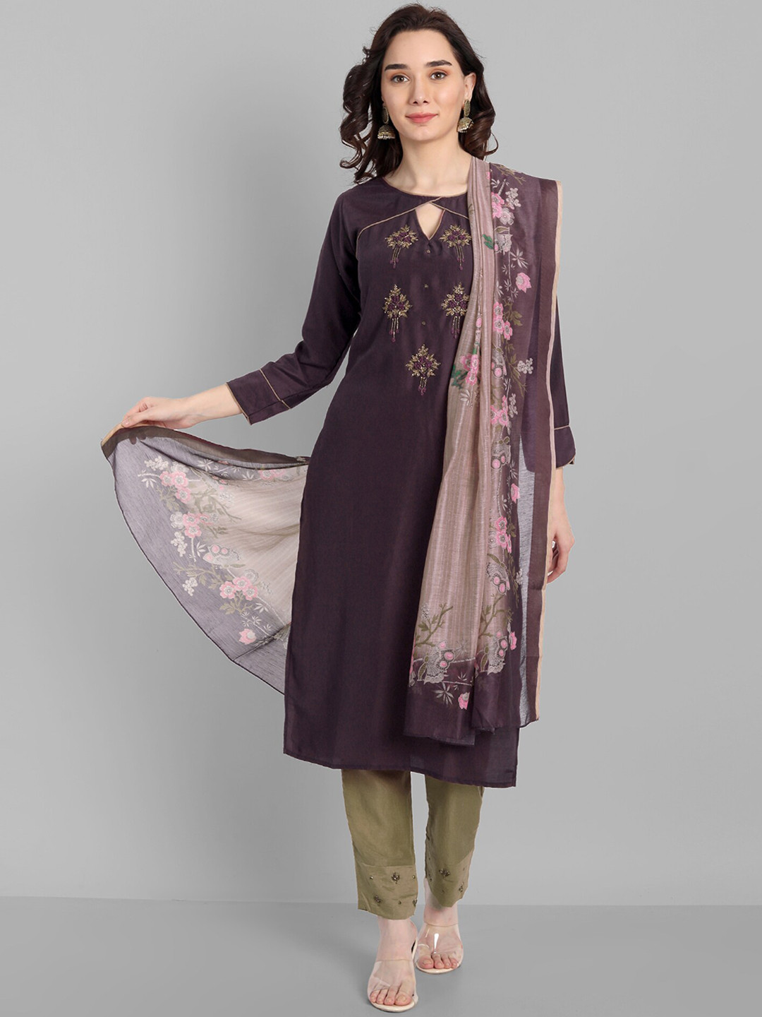 

KALINI Floral Embroidered Regular Thread Work Linen Kurta With Trousers & Dupatta, Burgundy