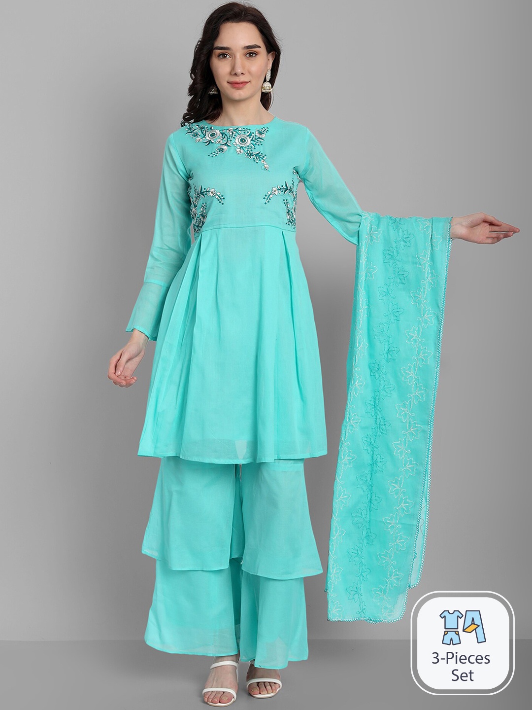 

KALINI Floral Embroidered Pure Cotton Kurta with Sharara & With Dupatta, Turquoise blue