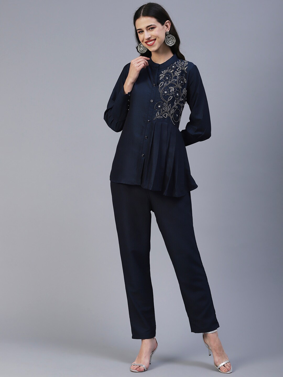 

KALINI Embroidered Ethnic Top With Trousers, Navy blue