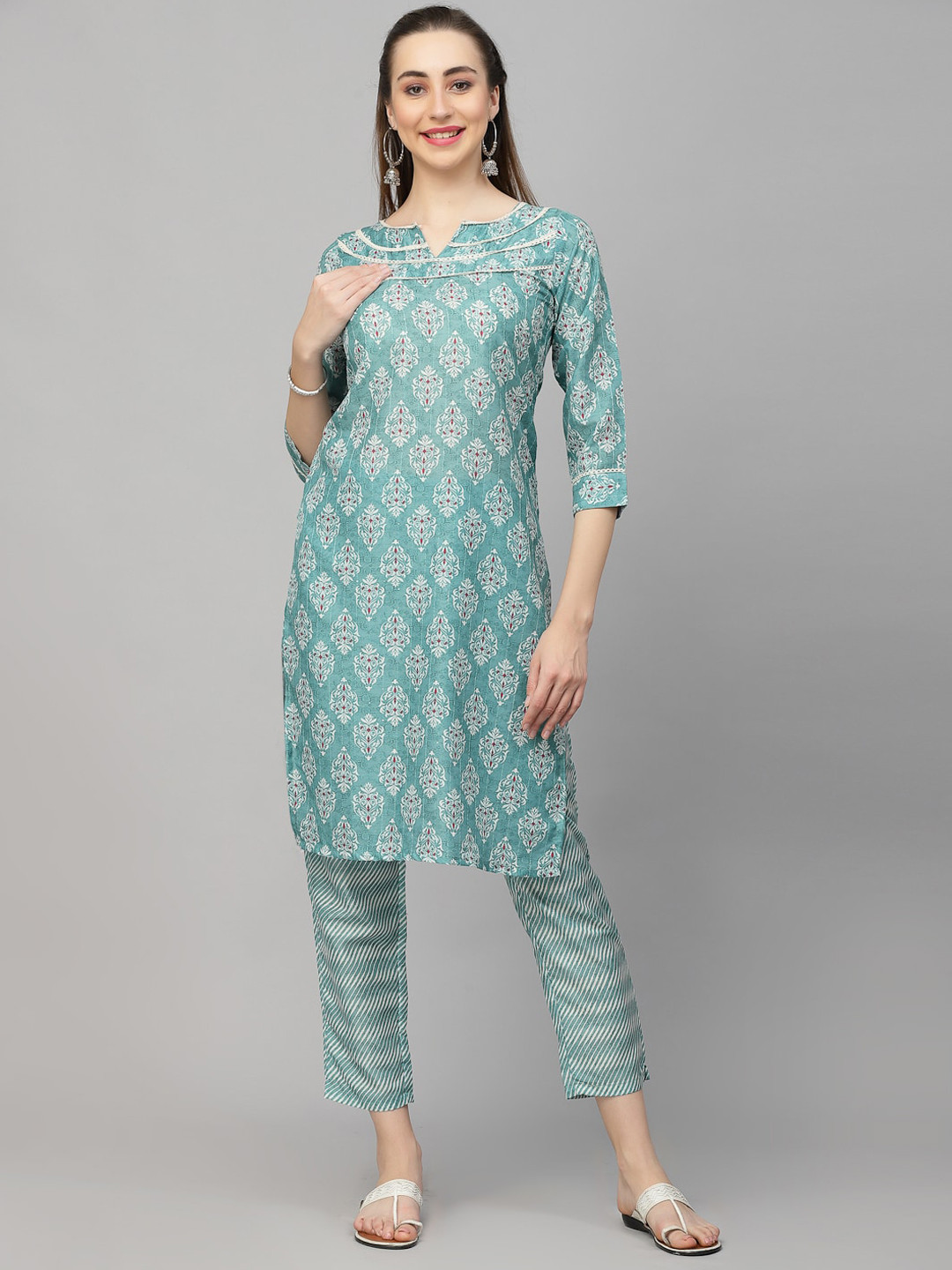 

KALINI Paisley Printed Regular Straight Kurta With Trousers, Turquoise blue