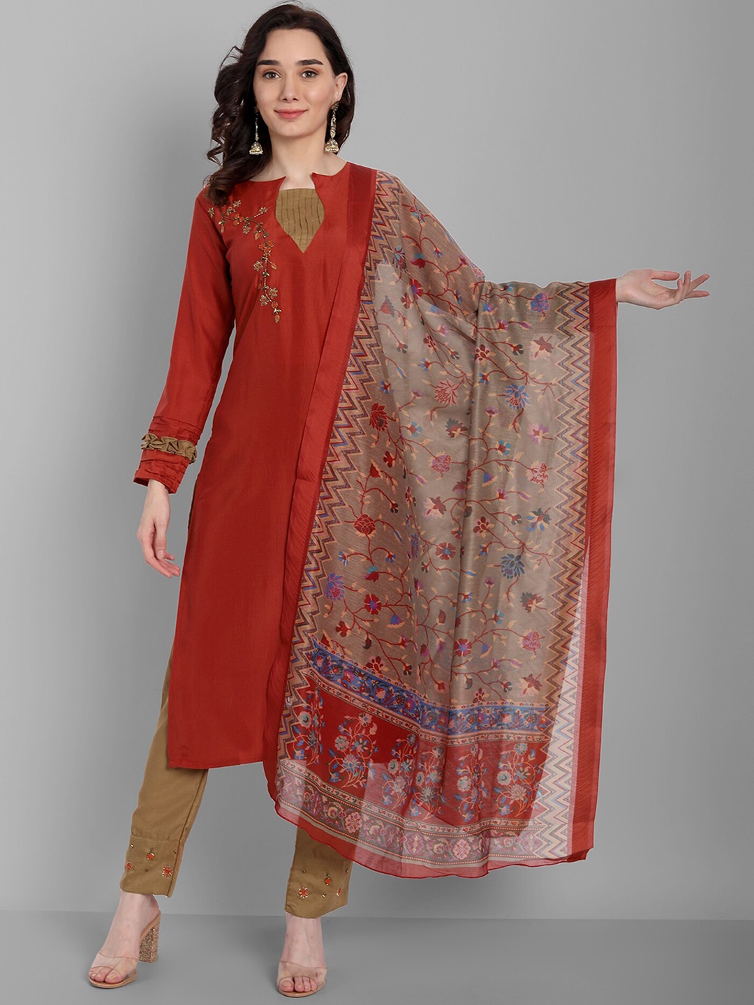 

KALINI Floral Embroidered Regular Linen Kurti with Trousers & With Dupatta, Red