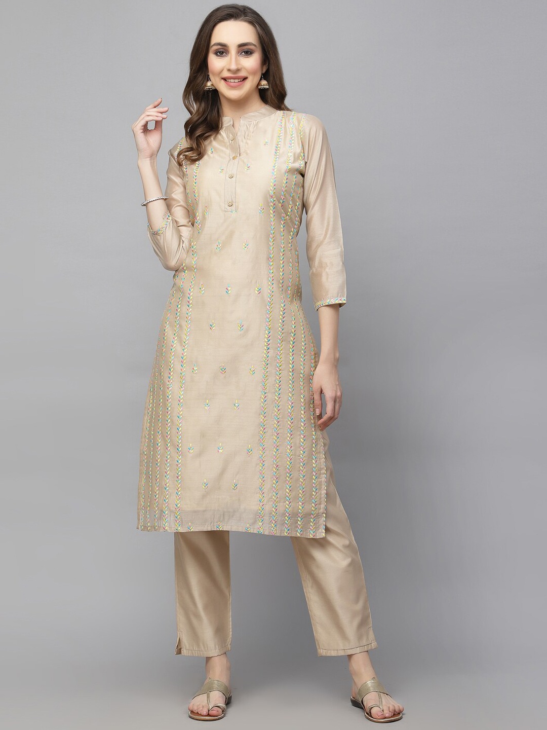 

KALINI Floral Embroidered Regular Thread Work Chanderi Silk Kurta With Trousers & Dupatta, Beige
