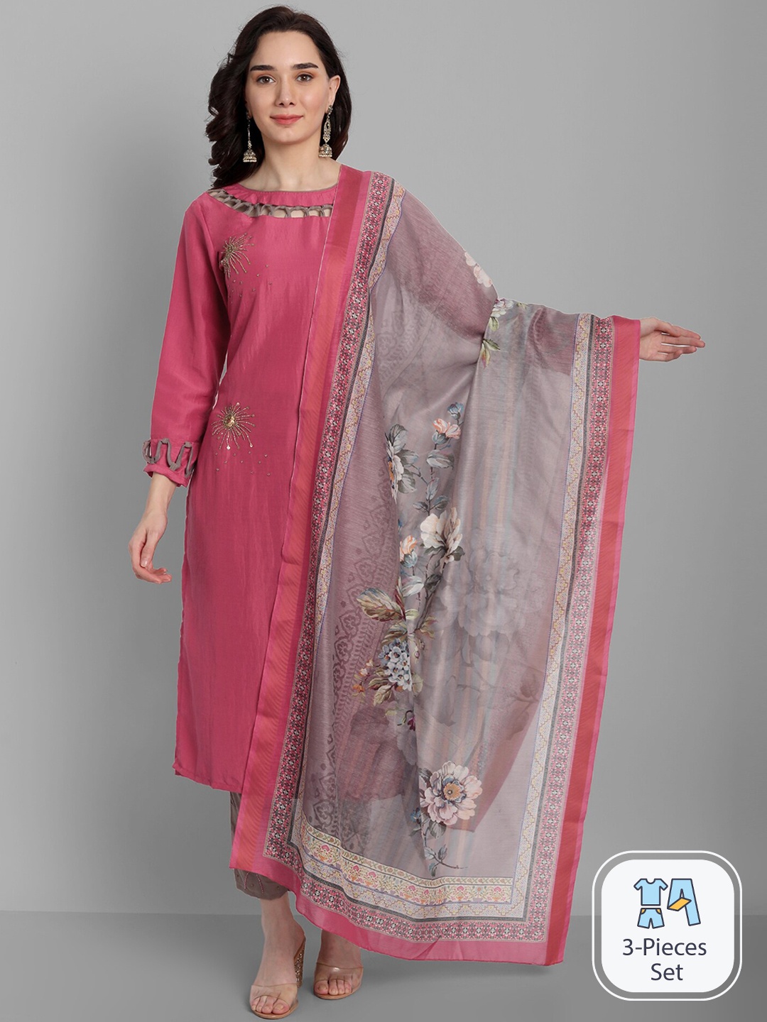 

KALINI Ethnic Motifs Embroidered Beads and Stones Linen Kurta With Trousers & Dupatta, Pink