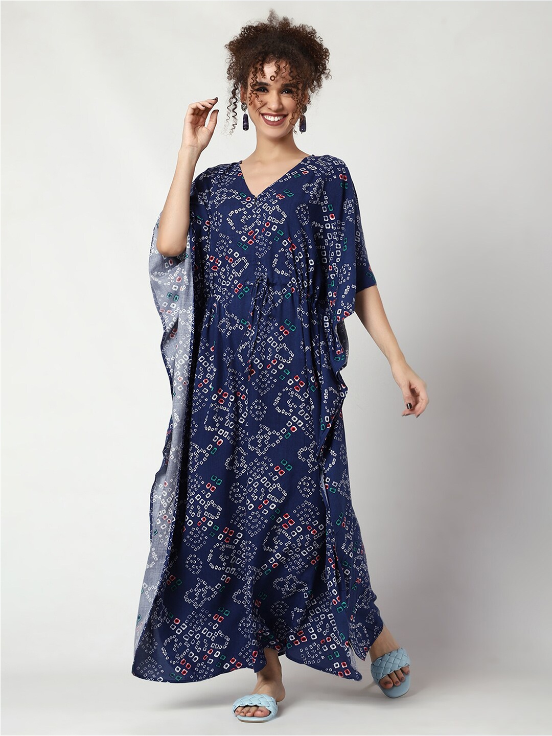 

CRAFTBAZAR Geometric Printed V-Neck Maternity Kaftan Dress, Navy blue