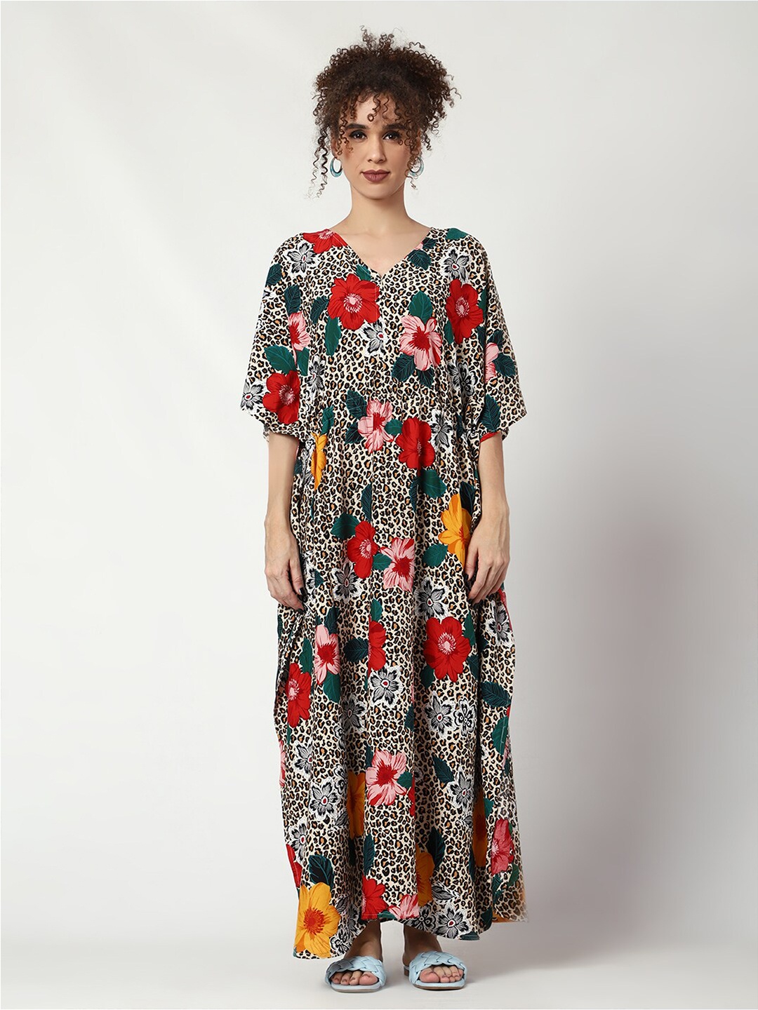

CRAFTBAZAR Floral Printed V-Neck Maternity Kaftan Dress, White