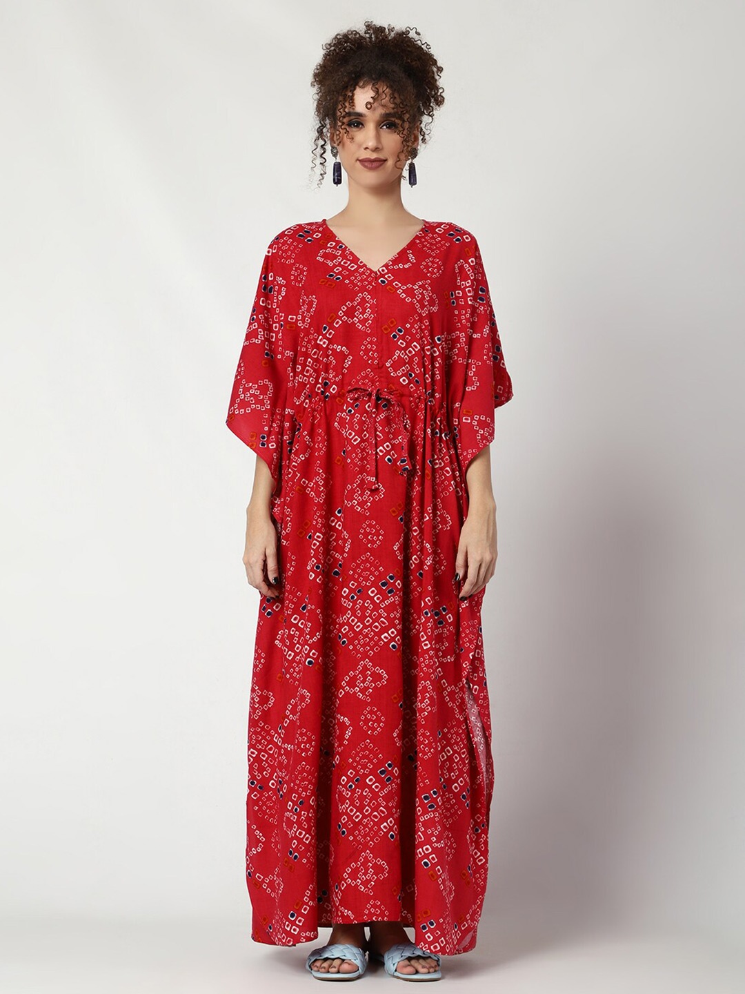 

CRAFTBAZAR Geometric Printed V-Neck Maternity Kaftan Dress, Red