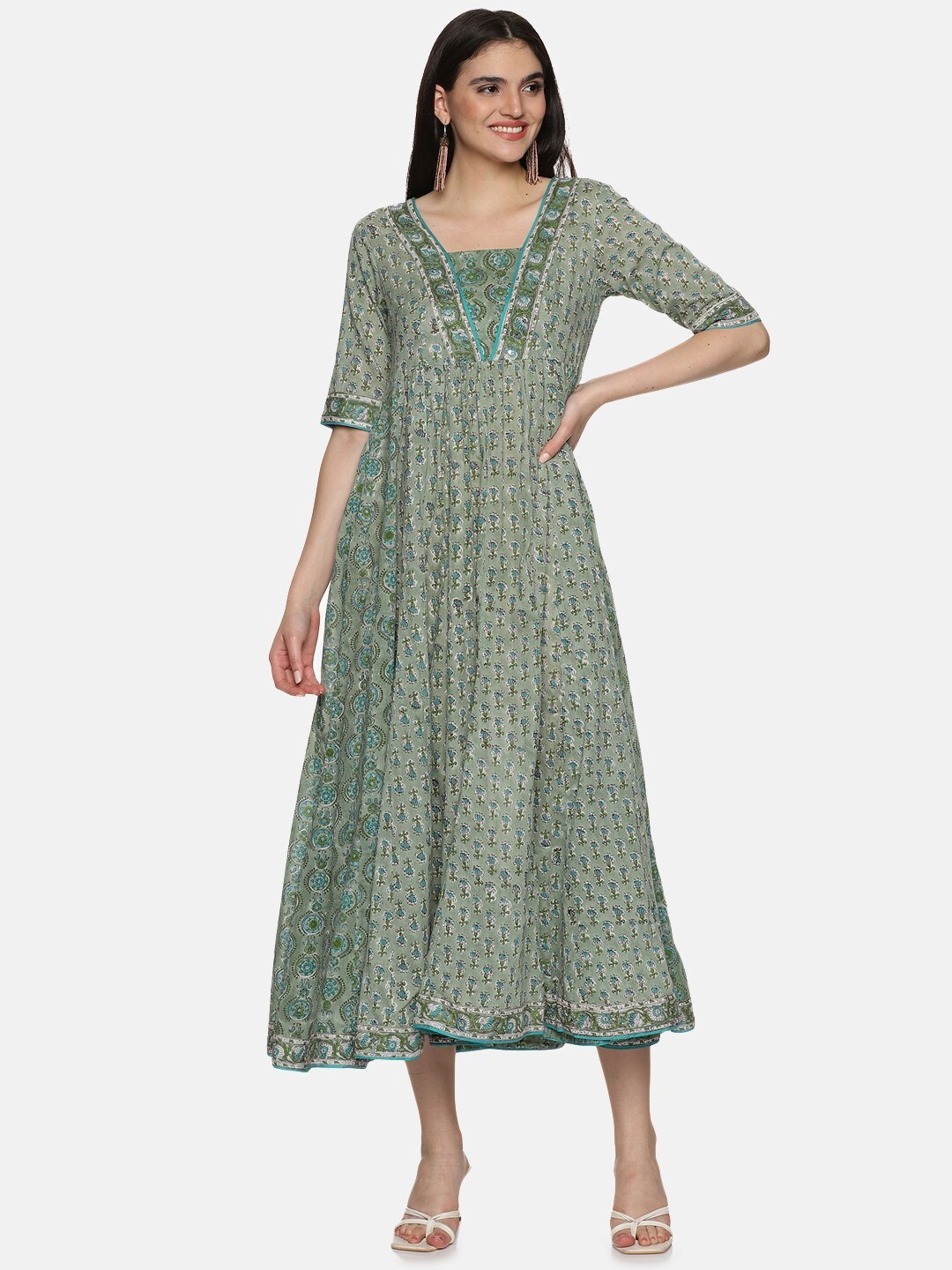 

JAIPURIBANNO Floral Print A-Line Midi Dress, Green
