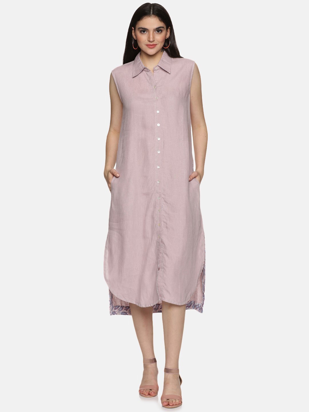 

JAIPURIBANNO Spread Collar Linen Shirt Midi Dress, Pink