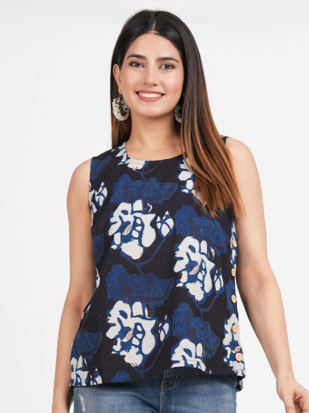 

JAIPURIBANNO Floral Printed Sleeveless Cotton Top, Navy blue