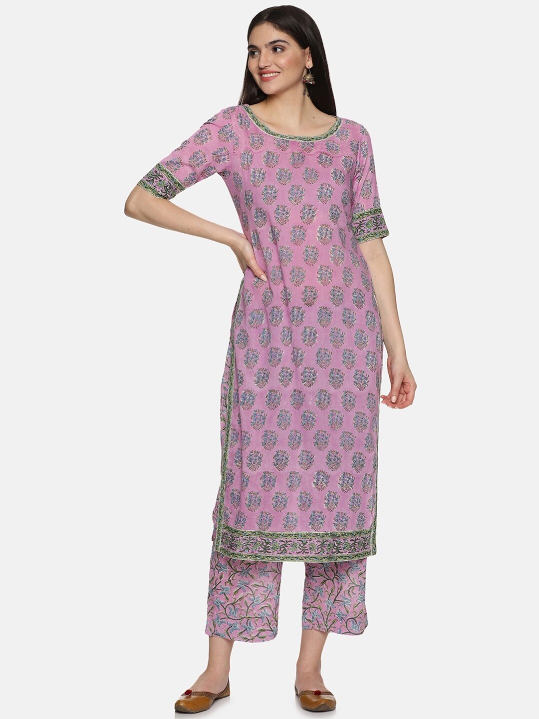 

JAIPURIBANNO Floral Printed Round Neck Pure Cotton Kurta With Palazzos, Lavender