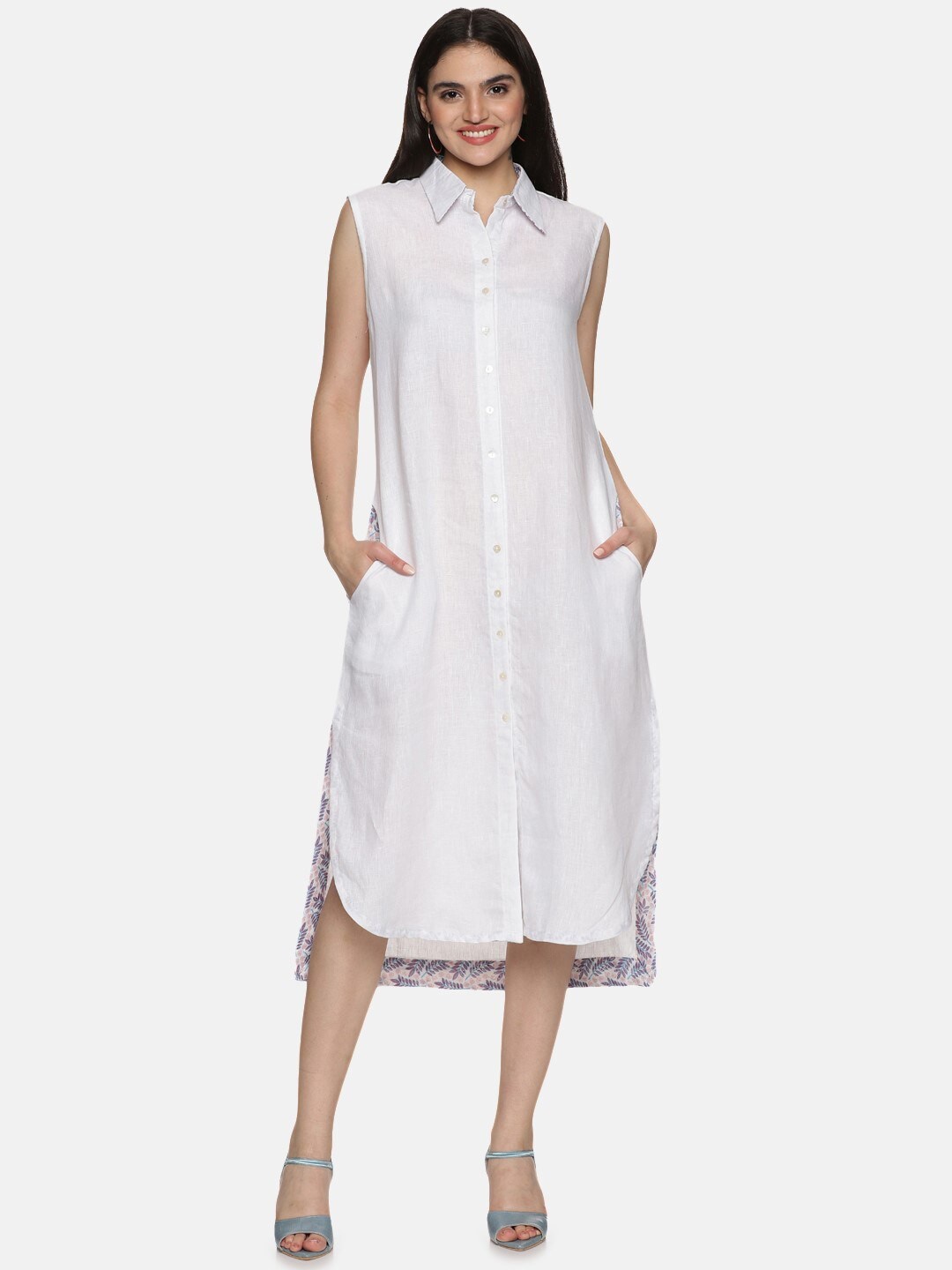 

JAIPURIBANNO Spread Collar Linen Shirt Midi Dress, White