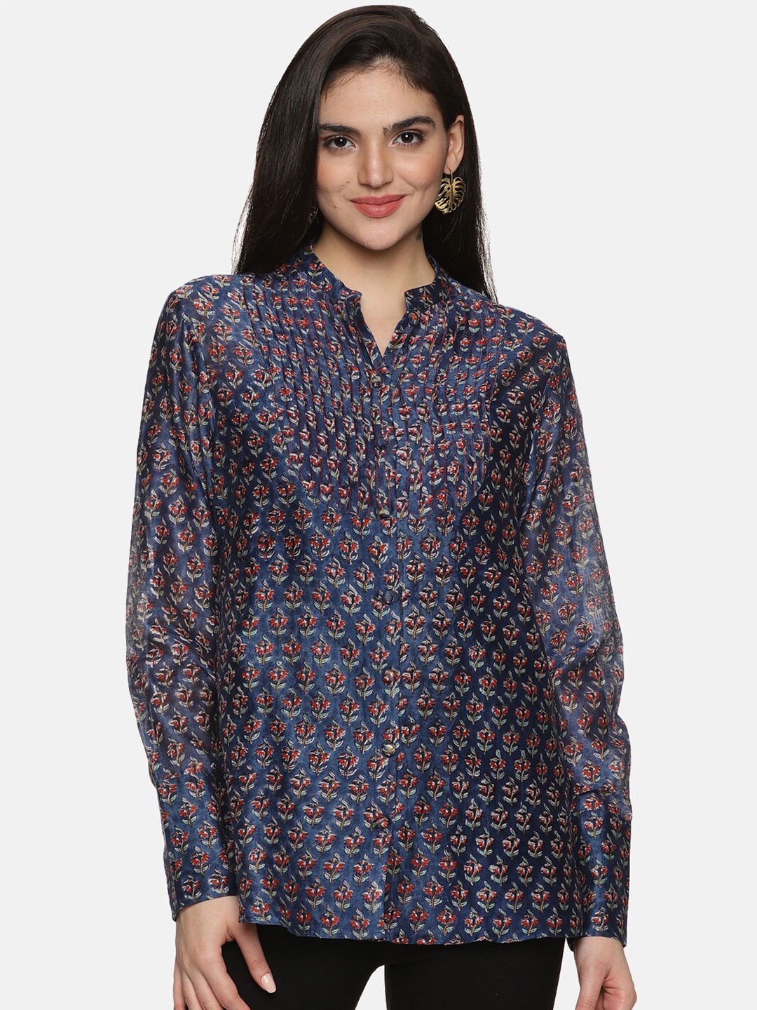 

JAIPURIBANNO Floral Printed Mandarin Collar Longline Top, Navy blue
