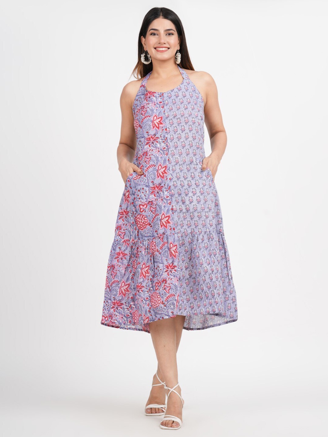 

JAIPURIBANNO Floral Print Cotton A-Line Midi Dress, Lavender