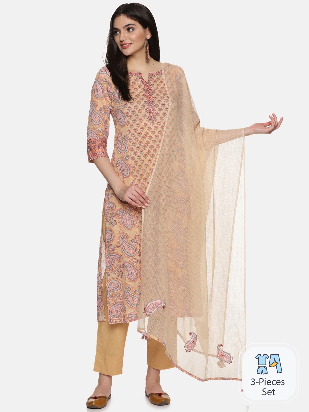 

JAIPURIBANNO Ethnic Motifs Printed Regular Pure Cotton Kurta with Trousers & Dupatta, Beige
