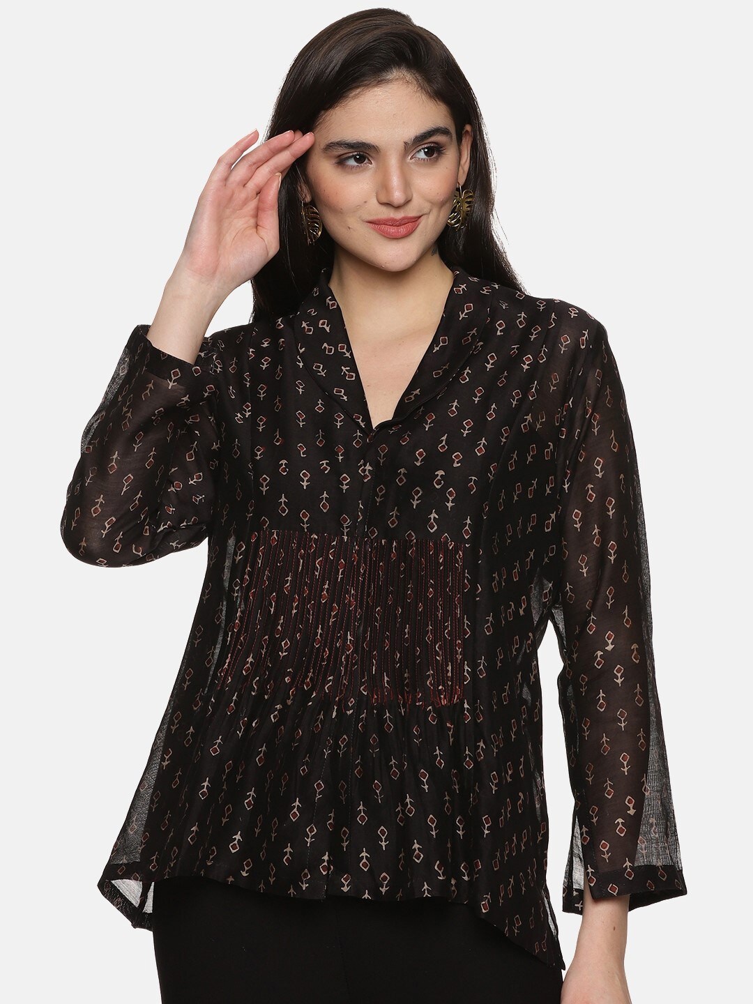 

JAIPURIBANNO Ethnic Motifs Printed V-Neck Top, Black